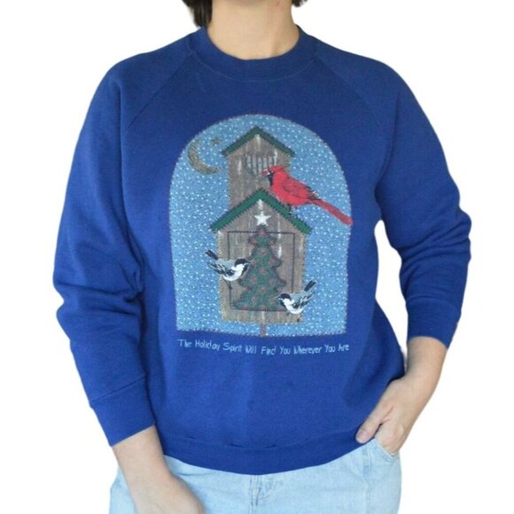Vintage Fruit Of The Loom 90s Crew Neck Cotton Blend Navy Blue Holiday Pullover - Picture 1 of 8